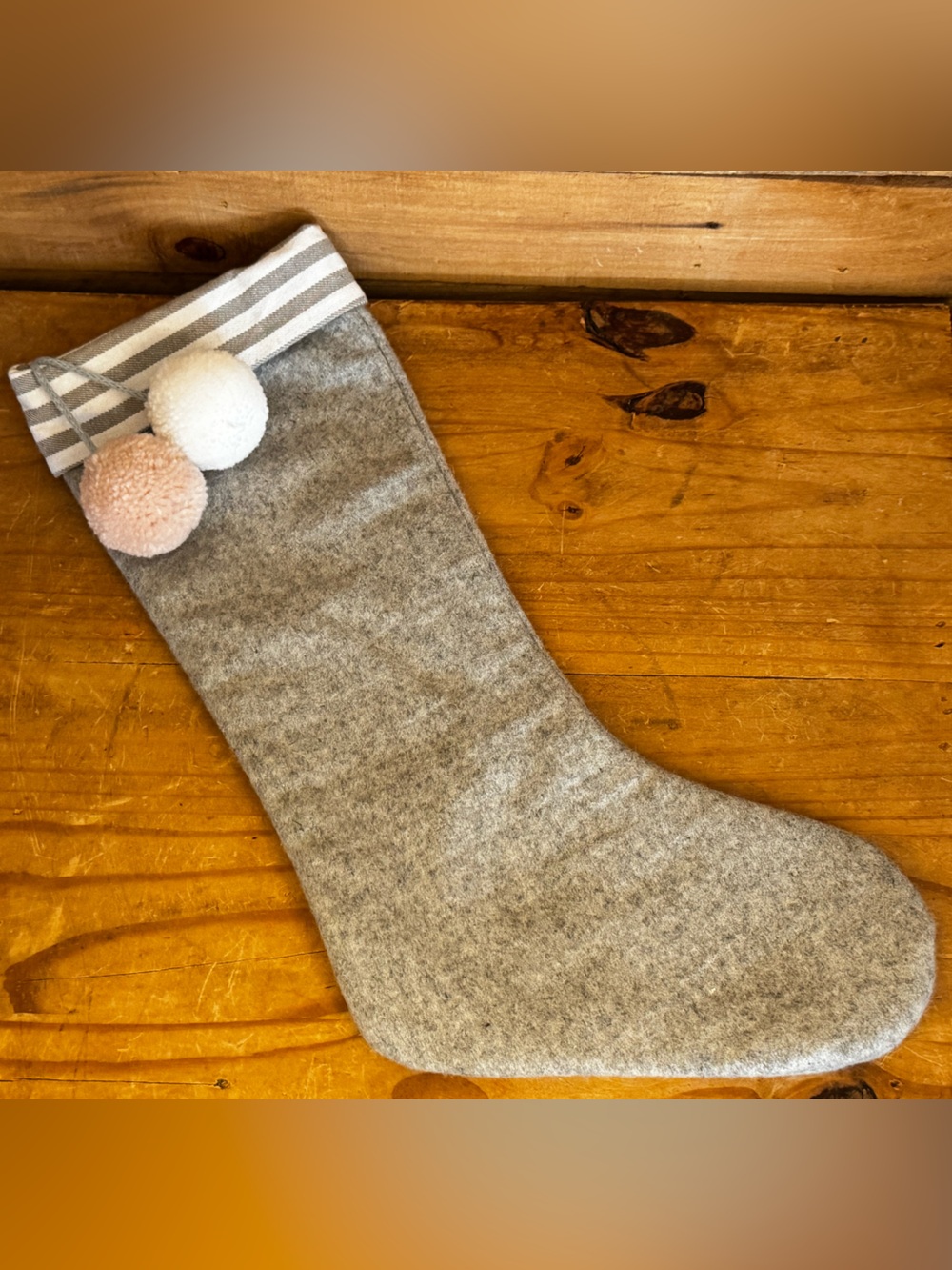 Target Gray Felt Christmas Stocking with Striped Cuff & Pom-Poms